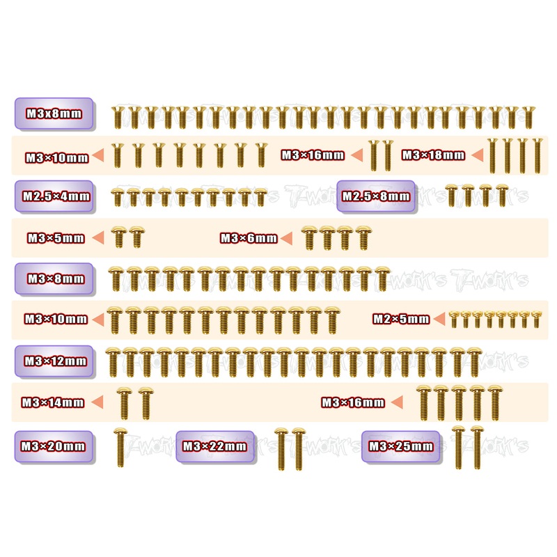 GSS-XB2'22Gold Plated Steel Screw Set 131pcs. ( For Xray XB2'22 )