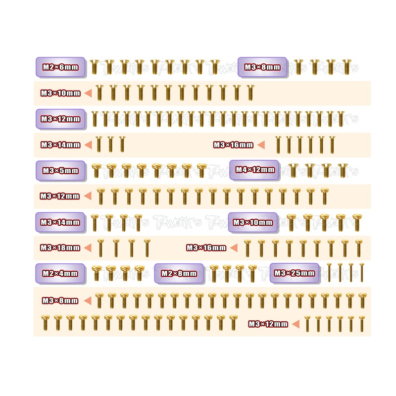 GSSU-MBX8R-TGold Plated Steel Upper & Tranmission Screw set ( UFO Head ) 165pcs. ( For Mugen MBX8R )
