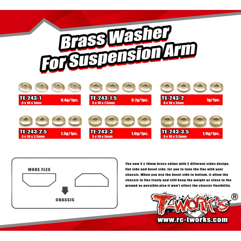 TE-243     Brass Washer For Suspension Arm 3 x 10 x 1/1.5/2/2.5/3/3.5mm  ( 4 pcs.)