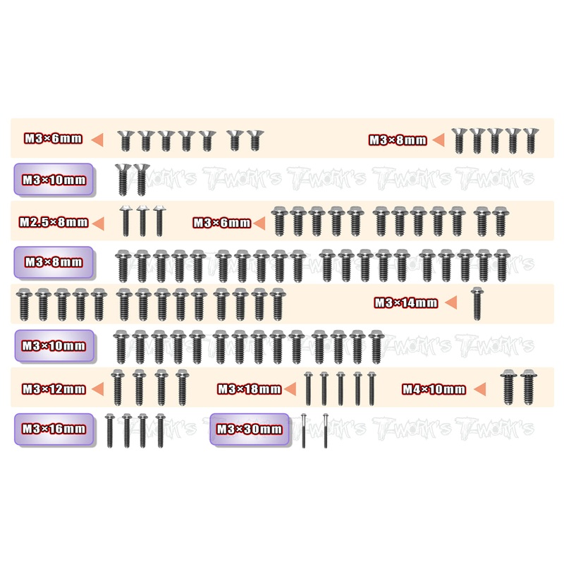 TSSU-RX8E'23-T  64 Titanium Upper Deck Screw set 95 pcs.( For Xray RX8E 2023 )