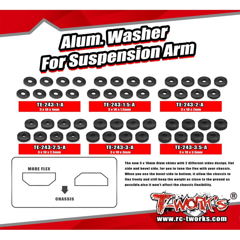 TE-243-A  Alum. Washer For Suspension Arm 3 x 10 x 1/1.5/2/2.5/3/3.5mm  ( 8 pcs.)