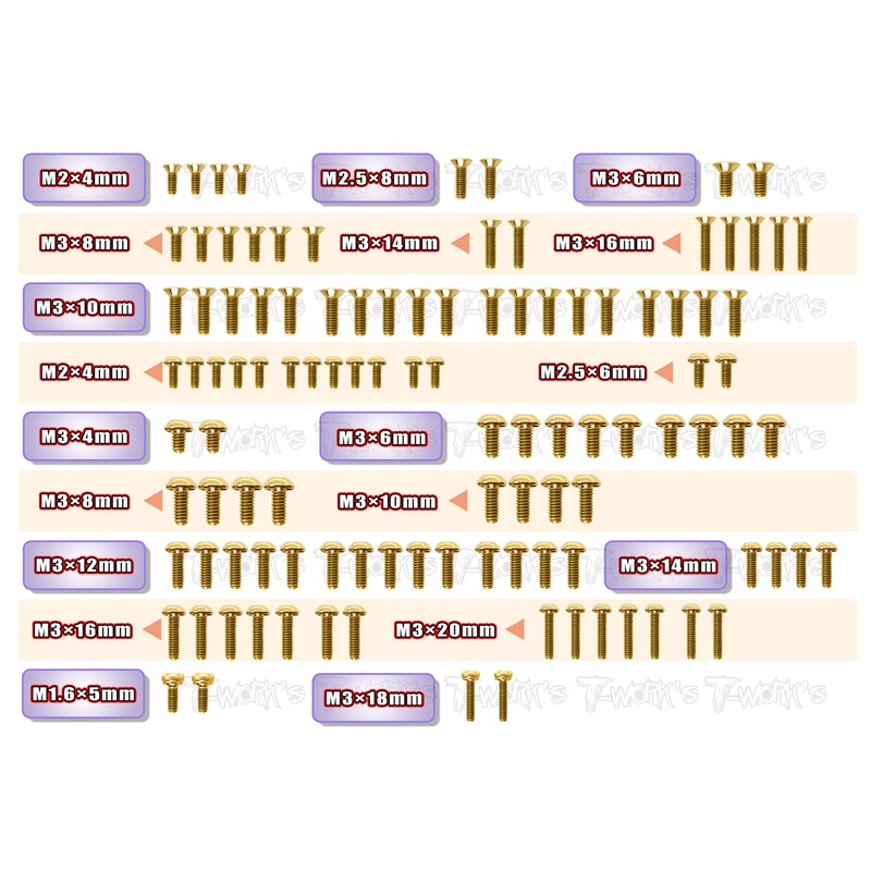 GSS-RC10T6.4  Gold Plated Steel Screw Set 109pcs. ( For Team Associated RC10 T6.4 )