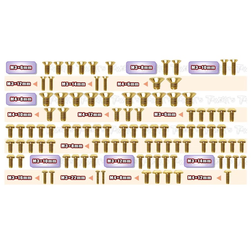 GSS-X8   Gold Plated Steel Screw Set 100pcs.( For Xray X8 )