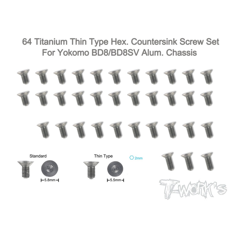 TSS-BD8-TC 64 Titanium Thin Type Hex. Countersink Screw Set ( For Yokomo BD8/BD8SV Alum. Chassis  )