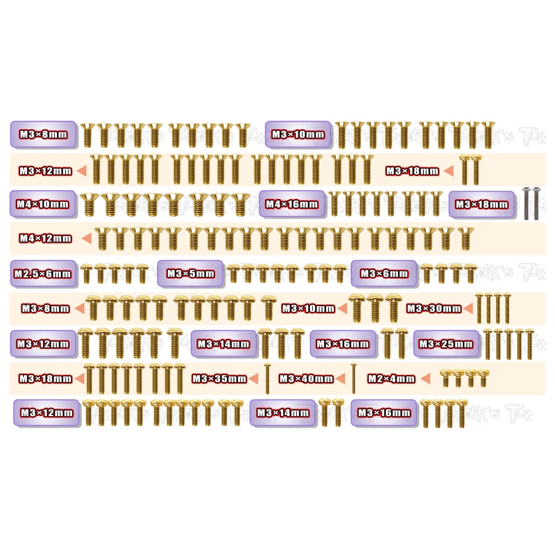 GSS-XB8E'25     Gold Plated Steel Screw Set 162pcs. ( For Xray XB8E'25 )