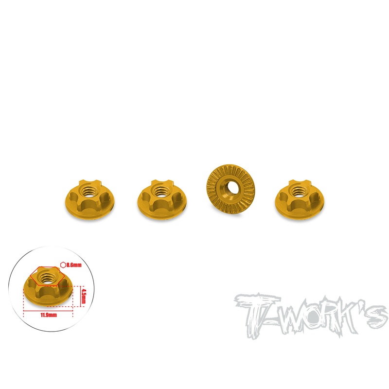 TA-166-A   7075-T6 Alum. Light Weight 8-32 Serrated Wheel Nut ( 4pcs.) Gold/Black