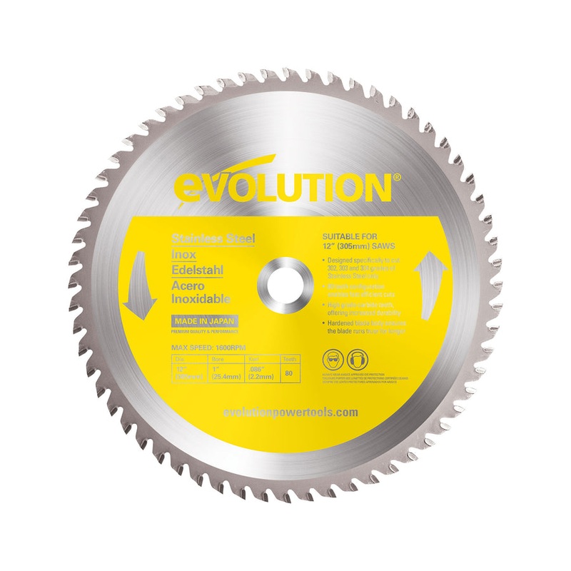 EVOLUTION 12" 80T, 1" Arbor, Tungsten Carbide Tipped Stainless Steel Cutting Blade