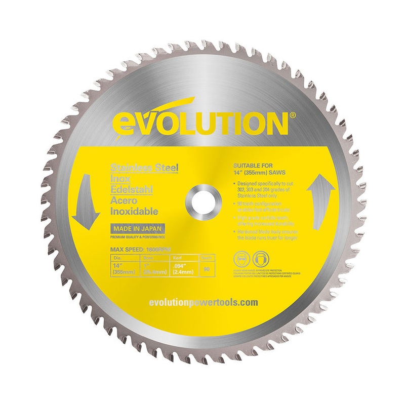 EVOLUTION 14" 90T, 1" Arbor, Tungsten Carbide Tipped Stainless Steel Cutting Blade