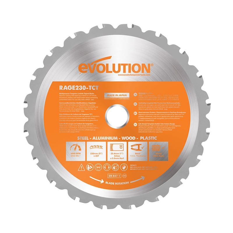 EVOLUTION 9" 26T, 1" Arbor, Tungsten Carbide Tipped Multi-Material Cutting Blade