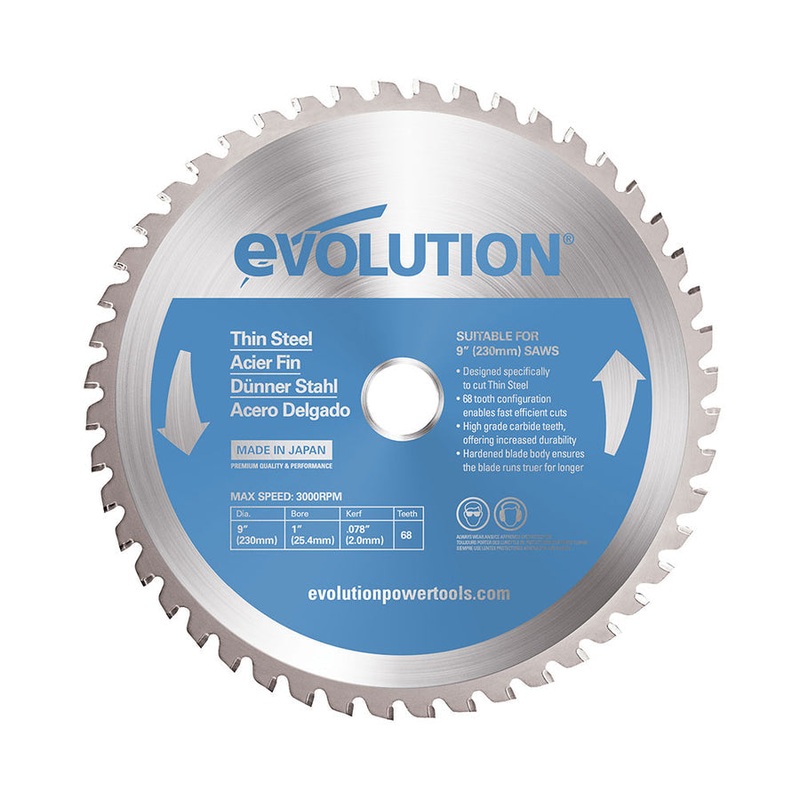 EVOLUTION 9" 68T, 1" Arbor, Tungsten Carbide Tipped Thin Steel & Ferrous Metal Cutting Blade