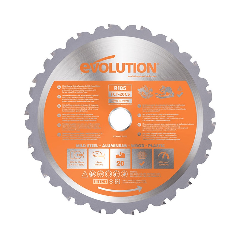 EVOLUTION 7-1/4" 20T, 25/32" Arbor, Tungsten Carbide Tipped Multi-Material Cutting Blade (Circular Saw & Chop Saw Blade)