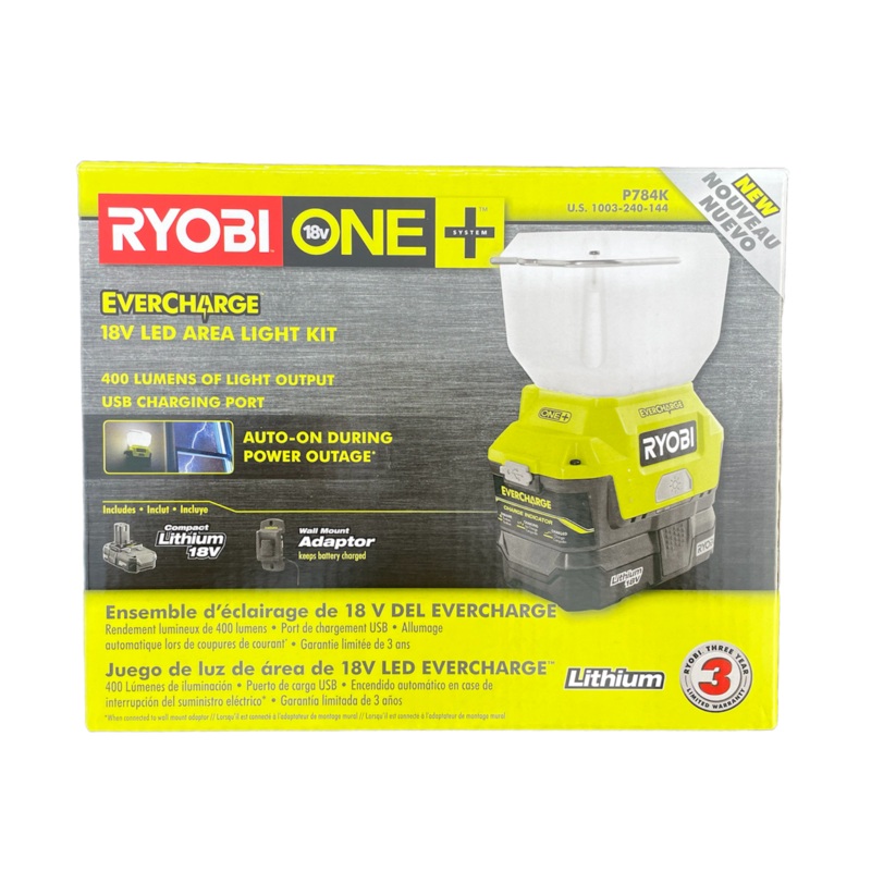 18-Volt ONE+ Lithium-Ion Cordless EVERCHARGE LED Area Light with (1) 1.3 Ah Battery and (1) Wall Mount Adaptor Charger