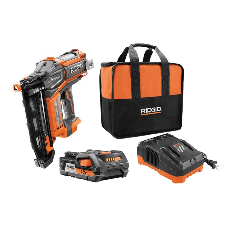 RIDGID 18-Volt Cordless Brushless HYPERDRIVE 16-Gauge 2-1/2 in Straight Finish Nailer, 2 Ah Battery, Charger, Belt Clip and Bag