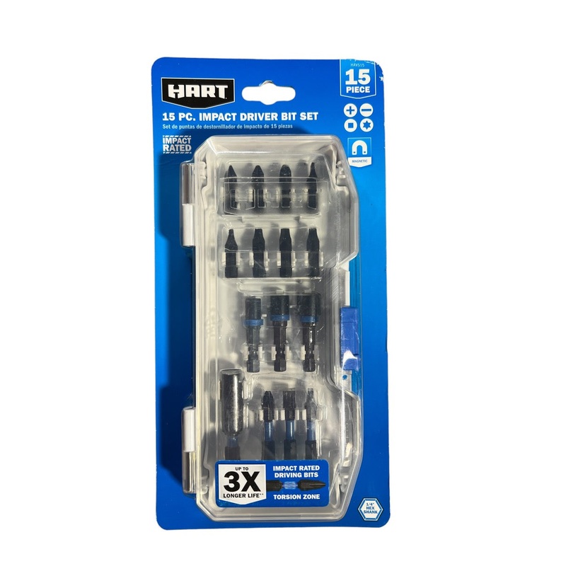 HART 15-Piece Impact Driver Bit Set with Storage Case and Torsion Zone