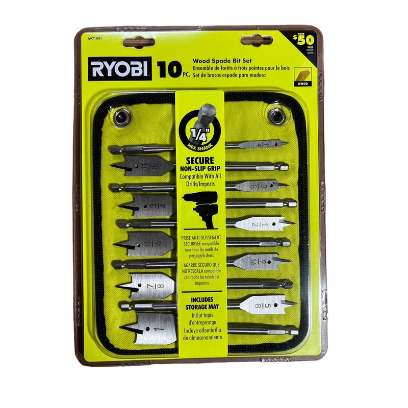 RYOBI 10-Piece Wood Spade Bit Set with Storage Mat