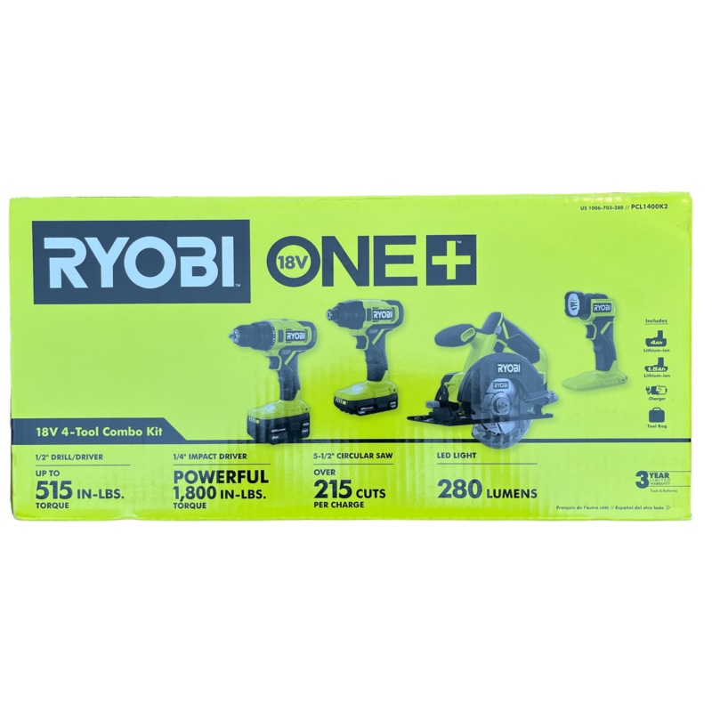 ONE+ 18-Volt Cordless 4-Tool Combo Kit with 1.5 Ah Battery, 4.0 Ah Battery, Charger and Storage Bag