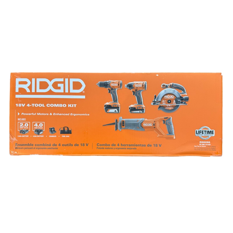 RIDGID 18V Cordless 4-Tool Combo Kit with (1) 4.0 Ah Battery, (1) 2.0 Ah Battery, Charger, and Bag