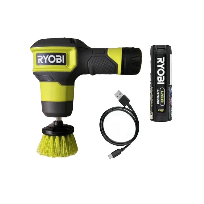 RYOBI USB Lithium Compact Scrubber Kit with 2 in. Medium Bristle Brush - Factory Reconditioned