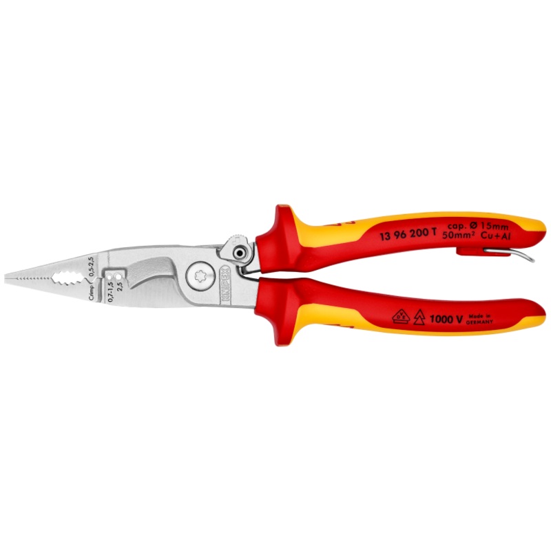Knipex 13 96 200 T -  Pliers for Electrical Installation insulated with multi-component grips, VDE-tested with integrated insulated tether attachment point for a tool tether chrome-plated flat jaws 200 mm  15 mm / 50 mm