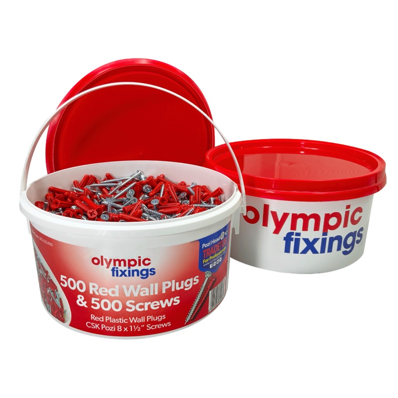 Olympic Fixings 500 Red wall plugs and 500 CSK Square 8 x 1 1/2" screws