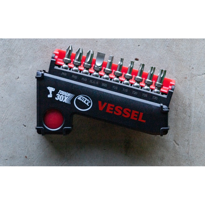 Vessel Set of 10 Torsion Impact Ball Bits + Bit Holder with Philips, Slotted, Square & Torx Bits