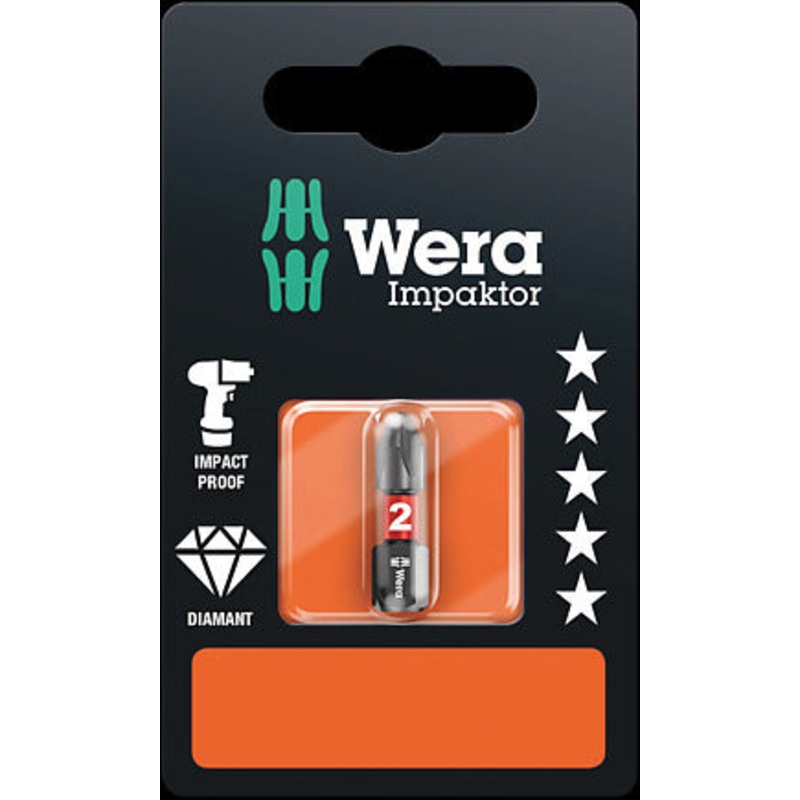 Wera 5073916001 Bits for Phillips Screws Impact 851/1 IMP DC SB 1 x PH 2x25mm, Multi-Colour, PH2 carded
