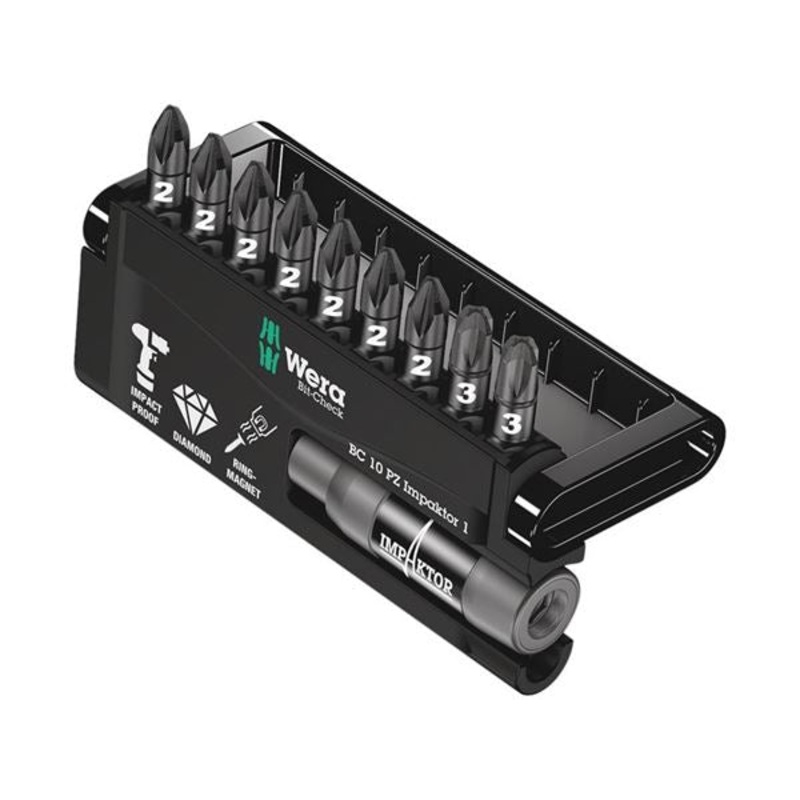 Wera Bit-Check 10 PZ Impaktor 1 TriTorsion Long Life Pozidriv bit set for all impact drills, with Impaktor holder