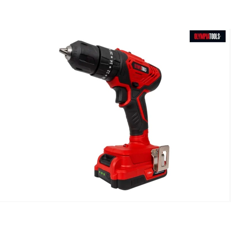 Olympia Tools 20V Cordless Drill Driver Set (1 x 1.5Ah Li-ion + 1 x Charger + 1 x Belt Clip)